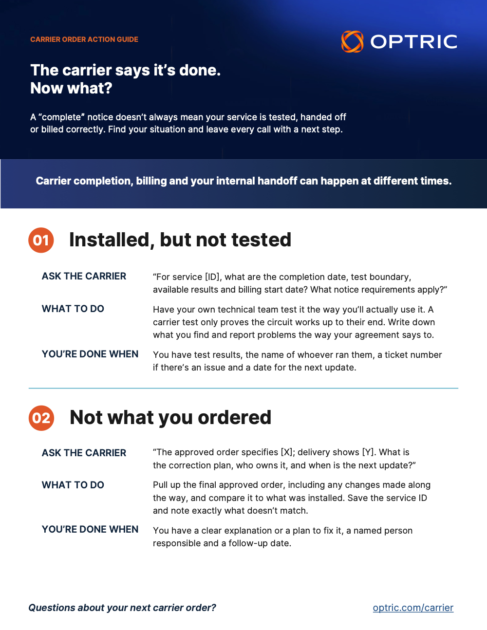 First page of the Carrier Order Action Guide